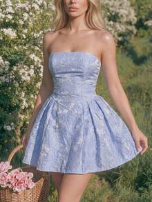 Swim Mod Elegant Light Blue Floral Summer Party Dress, 3D Embossed Pattern Strapless Sleeveless Dress Women,Cocktail Wedding Guest Reception Outfit Vacation - Blue - View 5