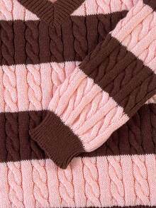 SHEIN Sweater Pullover Longgar Lengan Lentera Leher V Rajut Kabel Blok Warna Bergaris untuk Anak Perempuan Remaja, Cocok untuk Musim Gugur/Musim Dingin dan Acara Luar Ruangan - MultiWarna - View 4