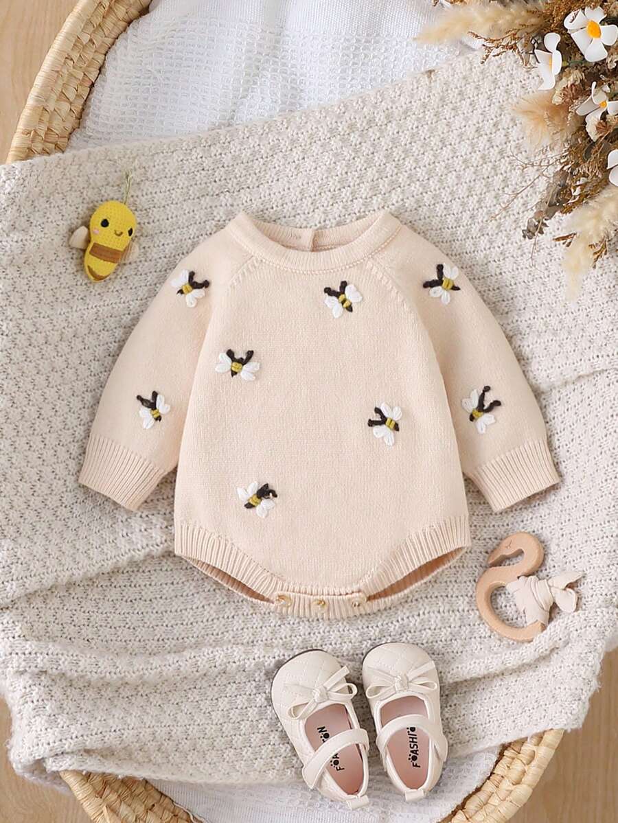 SHEIN 女嬰針織套頭圓領長袖連身衣,舒適秋季/冬季穿著,黃色/淺黃色,百搭日常穿著,淑女風,手工刺繡蜜蜂設計,可愛獨特優雅 - 米色 - 查看 1