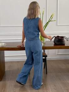 Dazy Tall Setelan Rompi Denim Kasual dan Celana Panjang Lebar untuk Wanita Musim Panas - Medium Wash - View 3