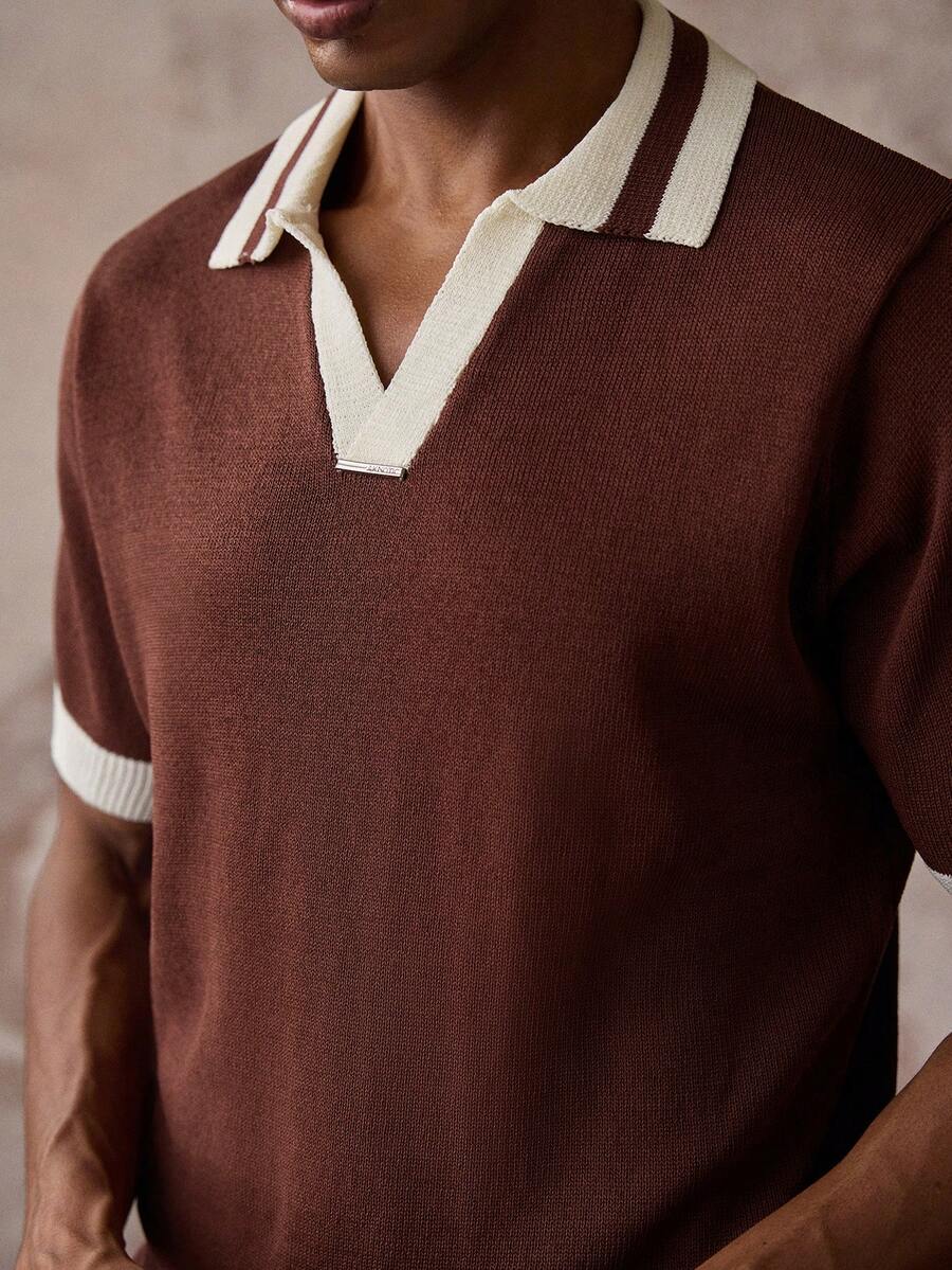 AKNOTIC Men's Colorblock Patchwork Short Sleeve Knit Top - Coffee Brown - View 1