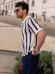 YOUESAWY YOUESAWY 男士条纹短袖镂空单排扣休闲针织上衣 - 彩色 - 查看 5