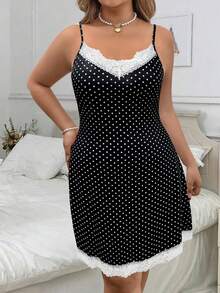EMERY ROSE Plus Size Summer Casual Lace Patchwork Polka Dot Print Cami Dress - Multicolor - View 6