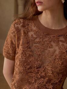 MOTF PREMIUM WOMEN'S EMBROIDERED MESH SEXY SHORT SLEEVE TOP - Rust Brown - View 2