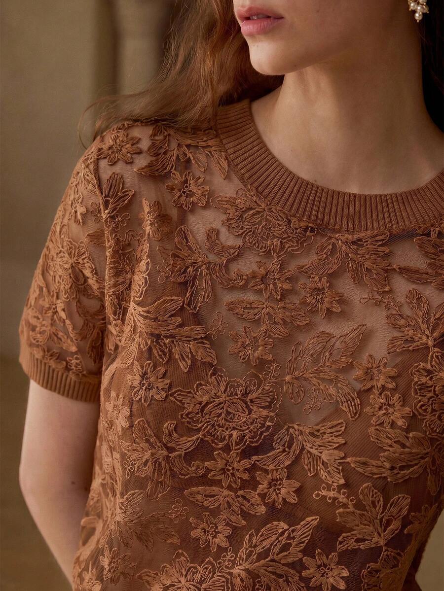 MOTF PREMIUM WOMEN'S EMBROIDERED MESH SEXY SHORT SLEEVE TOP - Rust Brown - View 2
