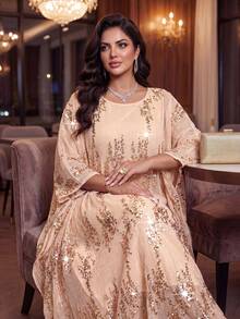 Auveirra Plus Size Women's Sequin Batwing Sleeve Loose Party Dress,Blush Pink,Summer,Country,Elegant,Formal,Wedding Ninang, Al-Adha Ceremony Outfits Vacation - Apricot - View 4