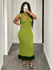 Glyssa Olive Green Summer Patchwork Faux-Fur Sexy Off-Shoulder Hollow-Out Knit Slim-Fit Midi Dress, Perfect For Summer Festivals, Parties Night Out - Green - View 6