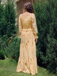 SHEIN Women's Spring/Autumn Yellow Hollow Embroidery Square Neck Ruffle Hem Short Top & Layered Long Skirt 2-Piece Set, Elegant Casual Outfit With Ruffle Cuff Design For Dating, Weekend And Outing - Yellow - View 6
