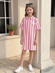 Casuvi Kids 少女宽松落肩中袖衬衫领数码竖条纹印花复古休闲家居服连衣裙，适合户外、旅行、日常穿着，夏季 - 彩色 - 查看 5