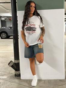 SAYEHFBABY 女款復古風汽車字母圖案印花修身圓領短袖T恤，適合夏季，休閒外出穿著，白色 - 白色 - 查看 4