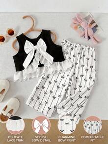 SHEIN Baby Girl Colorblock Floral Trim Sleeveless Cardigan Top And Elastic Waist Pants 2 Pieces Set - Multicolor - View 1