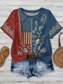 Linhara CURVE Women's Plus Size Navy Blue Colorblock Floral Print Short Sleeve Round Neck Top, Loose Vintage Boho Casual Blouse, Straight Fit, Holiday Daily Commute - Multicolor - View 5