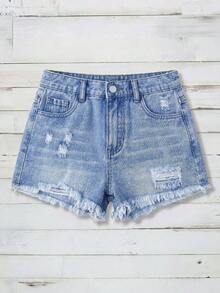 SHEIN 青少年女孩夏季波西米亞風休閒純色水洗高腰破洞牛仔短褲，毛邊褲腳與磨損口袋設計，女孩夏季海灘度假寬鬆短褲，夏季音樂會節慶休閒電音派對，女孩夏季早午餐畢業季 - 淺色水洗藍 - 查看 4