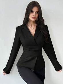 Firerie Blazer Elegan Lengan Panjang Kerah Berlapis Warna Polos untuk Wanita - Hitam - View 7