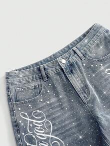 ROMWE MEN Men's Loose Denim Shorts With Pearl Decor And Sparkling Diamond - Light Wash - View 2