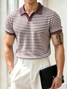 Manfinity Homme Camisa polo de manga corta con rayas y contraste de color, versátil y de moda para hombres - Café integral - View 3