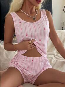 SHEIN Casual Underwear&Sleepwear 女款休閒針織背心與短褲條紋愛心印花睡衣套裝 - 粉色 - 查看 5