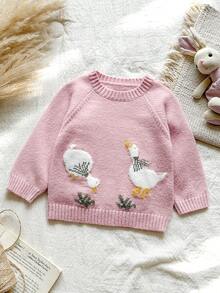 SHEIN 女嬰幼兒休閒粉色針織連帽毛衣 1件，鴨子刺繡長袖套頭衫，柔軟舒適面料，適合日常穿著 - 粉色 - 查看 7
