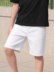 SHEIN Casuvi Kids Tween Boy 舒适百搭宽松直筒白色 100% 纯棉牛仔百慕大短裤 - 白色 - 查看 3