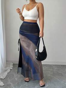 Elenzga Plus Size Women's Elegant & Fashionable Ombre Print Ruched Fitted Tie-Waist Mesh Fabric Skirt, Spring/Summer Fall - Multicolor - View 3