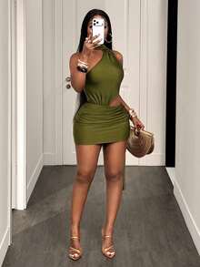 BamGleam Sexy Halter Neck Draped Ribbon Waist Cutout Bodycon Ruched Dress For Holiday Party Club Night And Banquet Olive Green Summer - Olive Green - View 6
