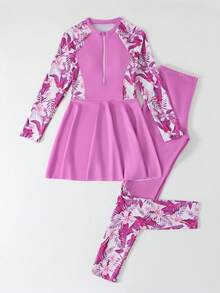 SHEIN 青少年女孩分體式比基尼上衣，柔粉色主體搭配熱帶花卉拼接印花袖子，腋下與側腰拼接粉紫色熱帶花卉，半拉鍊設計，下擺拼接相配熱帶花卉印花，時尚休閒優雅成熟女士風，適合游泳、夏季度假、夏季海灘、海邊 - 彩色 - 查看 6