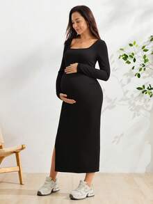 SHEIN Maternity Solid Color Side Slit Fitted Dress Autumn Photoshoot Casual - Black - View 8