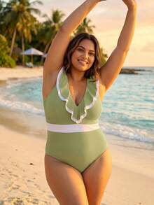 ELLERISSA Plus Size Green V-Neck Frill Trim One-Piece Swimsuit - Green - View 3
