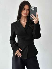 Firerie Blazer Elegan Lengan Panjang Kerah Berlapis Warna Polos untuk Wanita - Hitam - View 4