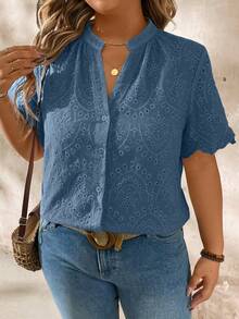 SHEIN LUNE CURVE 大尺碼短袖刺繡鏤空布料襯衫 - 藍色 - 查看 6