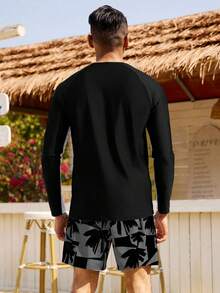 Manfinity KASUA 2pcs/Set Men's Crew Neck Long Sleeve Raglan Casual Comfortable Top & Shorts Outfit, Holiday - Multicolor - View 2