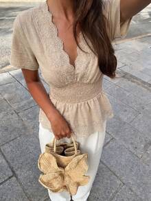 Flora Isola Flora Isola Blusa de mujer primavera/verano con cuello en V, cintura ceñida, ribete de encaje y patchwork, adecuada para vacaciones en la playa y uso diario en la calle - Caqui - Ver 1