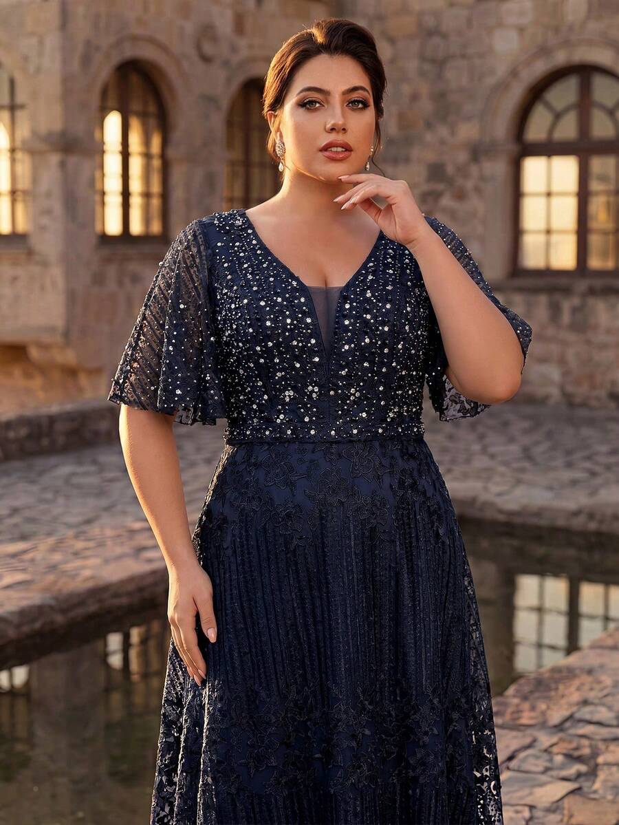 Serin Gaun Pengantin Ukuran Besar Elegan Romantis Lengan Ruffle Mewah Payet Patchwork Satin Bertatahkan Mutiara dan Rhinestones Potongan A-Line Besar Cocok untuk Pesta Pernikahan, Perayaan, Makan Malam Formal, Gaun Ibu Pengantin - Navy Blue - View 1