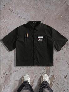 ESTAVOR Camisa de manga corta con diseño de bolsillo y estampado de letras para hombre - Negro - Ver 9