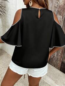 SHEIN VCAY Casual Shell Flower Craft Contrast Color Plus Size Black Shirt Suitable For Summer Black Top Music Festival Y2K - Multicolor - View 2