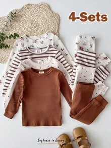 Cozy Pixies Set Piyama Bayi Perempuan Pas Badan, Atasan Pullover Lengan Panjang Leher Bulat Lembut Rajut Motif Bunga, Celana Panjang Pinggang Elastis, Set 4 Potong - Coklat - View 8