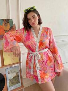Chillnights Casual Colorful Sun Face Leopard Contrast Polka Dot Print Satin Plus Size Robe - Multicolor - View 5