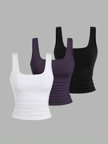 Sweetra Women's Solid Color Square Neck Pleated Casual Versatile Tank Top - Multicolor - View 1