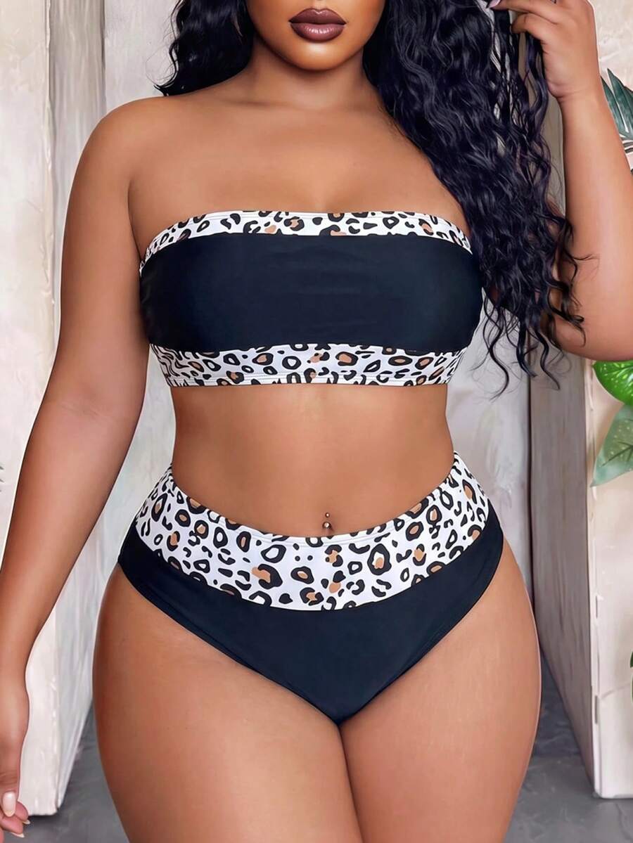 Maweii Plus Size Women Summer Beach Leopard Patchwork Bikini And Triangle Panty Swimsuit Set Zebra Bikini Set Two Piece Bathing Suit Zebra Print Black - Black - View 1