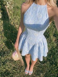Swim Mod Elegant Light Blue Floral French Style Sleeveless Ruched Mini Dress For Women,Summer Date Banquet Tea Party Wedding Guest Birthday Vacation - Blue - View 4