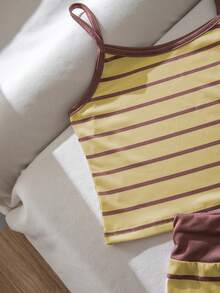 SHEIN Teen Girls' Yellow & Brown Striped Knit Set, Summer Cami Top & Shorts, Casual Sports 2 Pieces - Yellow - View 7