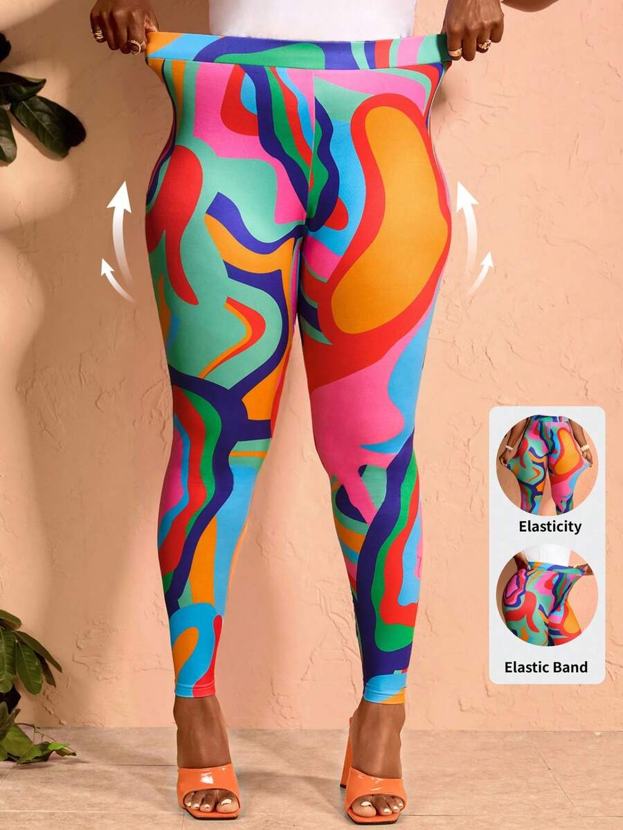 BrightlyHer Plus Size Colorful Printed High Waist Leggings Summer For Women Vacation Outfits Beach Outfits For Women - Multicolor - View 1