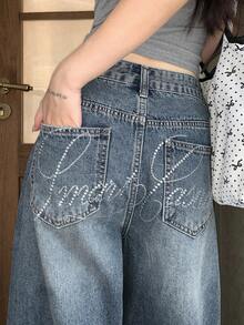 Livesso Petite Women's Pocket Button Casual Versatile Daily Outing Wide Leg Jeans ,Petite Women - Blue - View 4