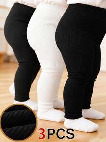 SHEIN Playful Pals 3pcs Baby Toddler Infants Girls Boys Casual Chic Ribbed Knit High Waist Soft Thick Leggings Pants Trousers Footless Tights Daily Autumn Winter Clothes - Multicolor - View 1