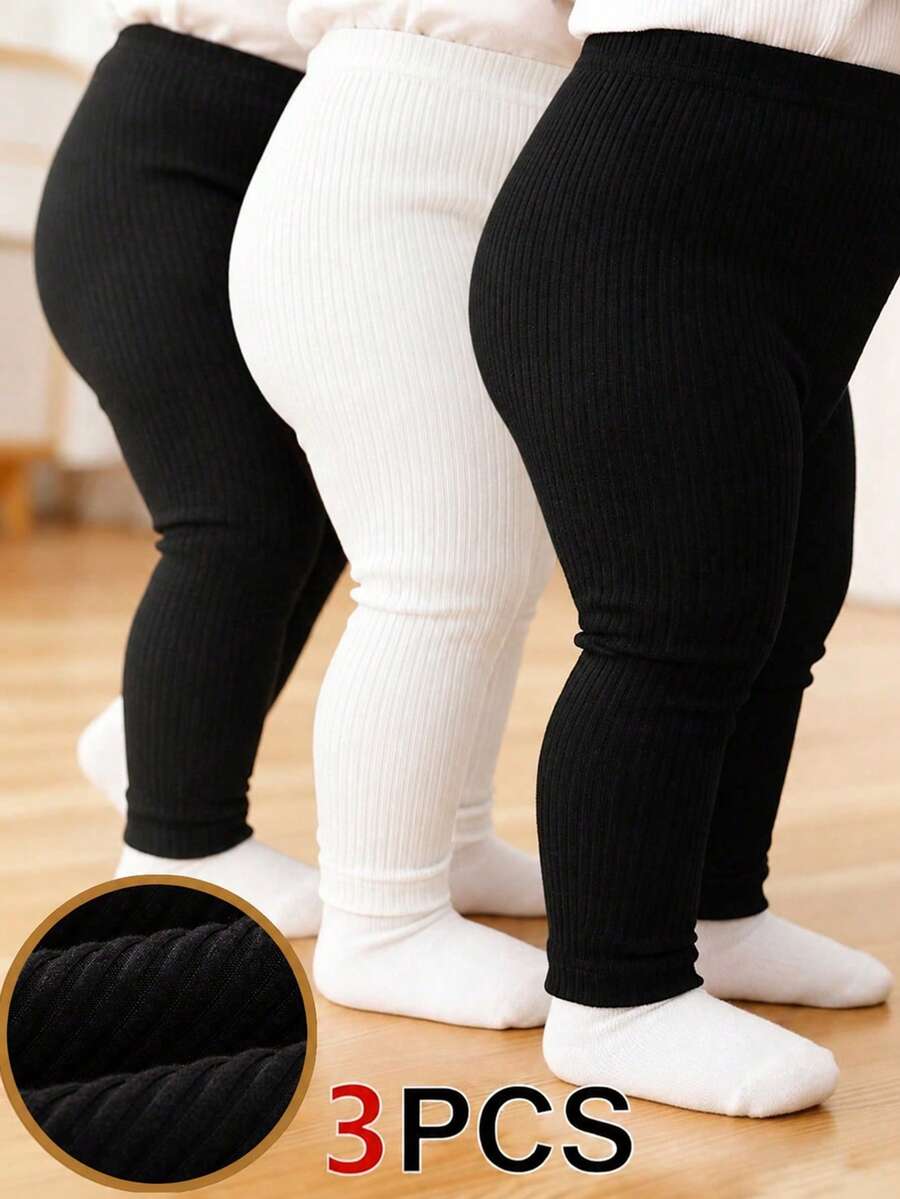 SHEIN Playful Pals 3pcs Baby Toddler Infants Girls Boys Casual Chic Ribbed Knit High Waist Soft Thick Leggings Pants Trousers Footless Tights Daily Autumn Winter Clothes - Multicolor - View 1