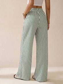 SHEIN Tall 條紋印花休閒日常穿著女款春夏長褲 - 墨綠色 - 查看 2