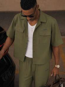 Vientiro Men's Fashion Short Sleeve Shirt & Flare Leg Pants Set - Army Green - View 3