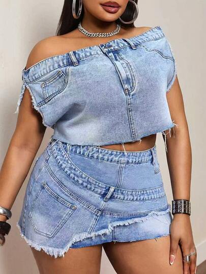Slaydiva European And American Retro Hot Girl Plus Size Denim One Shoulder Top