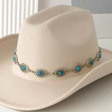 MISSGUIDED Wide Brim Cowboy Hat With Turquoise Concho Chain Band Western Style Festival Hat - Beige - View 5