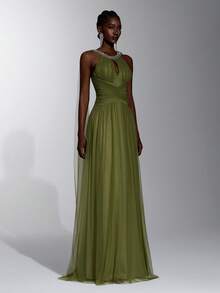 Elitara Elegant Filipiniana Olive Green Tulle Halter Keyhole Cape Sleeve Diamond Tassel Chain Backless Pleated Floor ALine Train Prom Wedding Party - Olive Green - View 7
